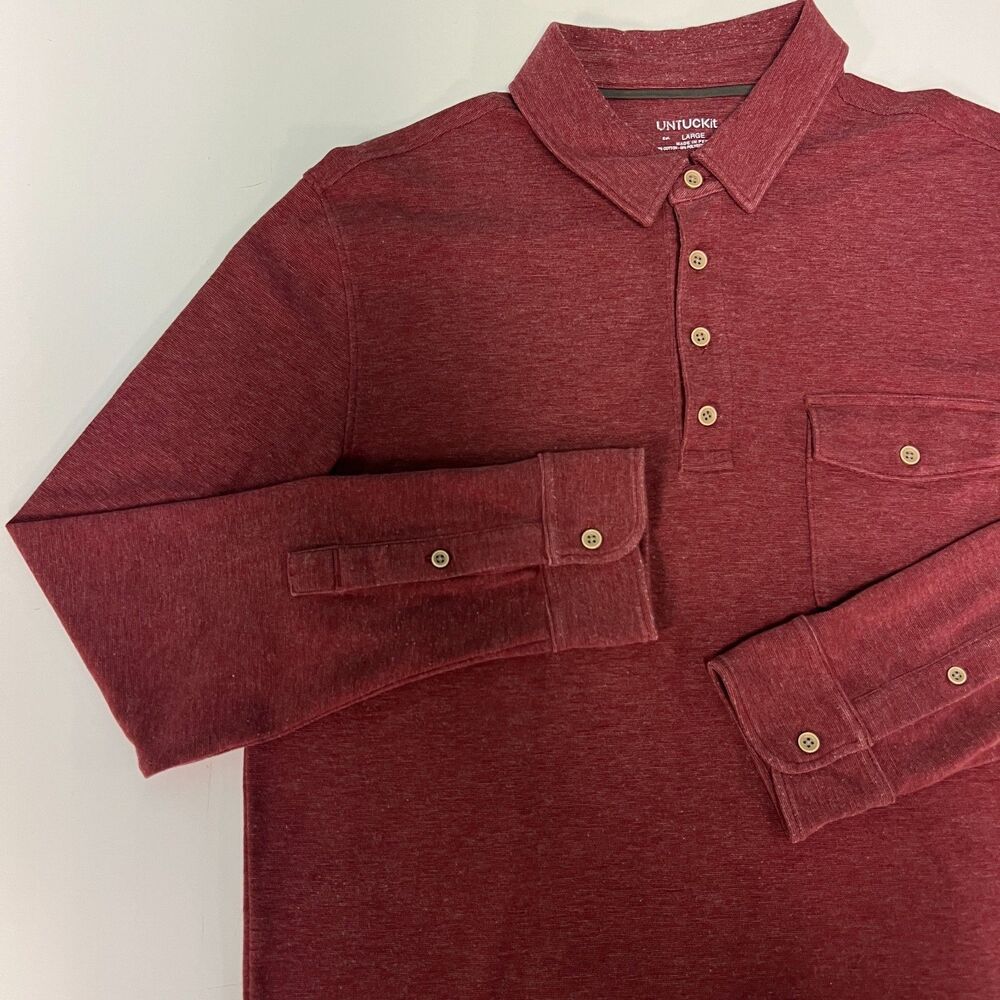 UNTUCKit Men's Matthieu Red Long Sleeve Polo Shirt Pocket Button Up Size Large